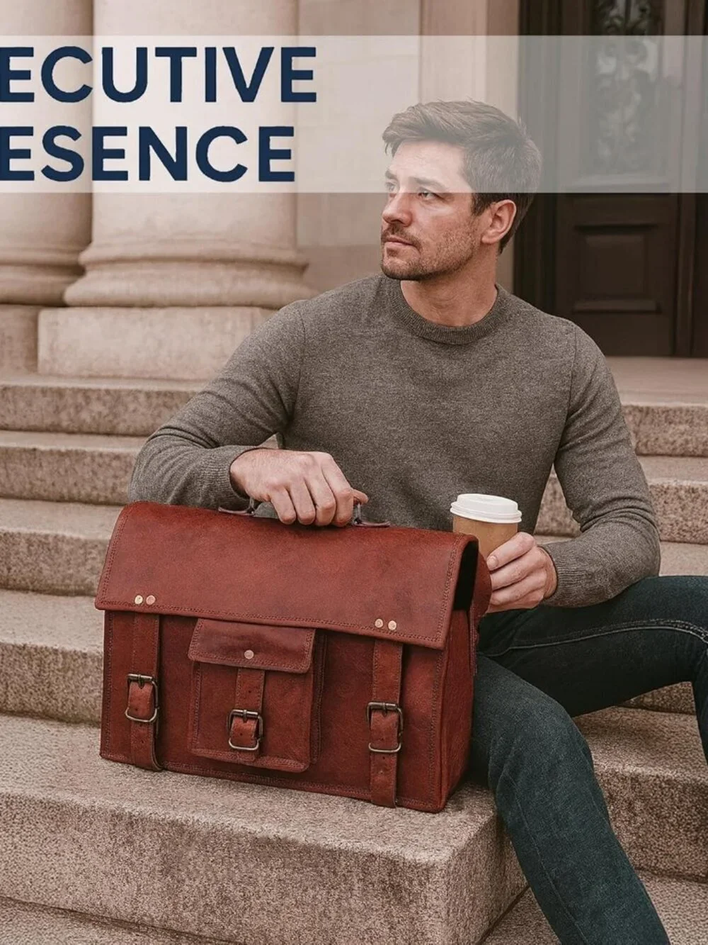 Men's Brown Grain Leather Vintage Satchel Travel Crossbody Stylish Messenger Bag